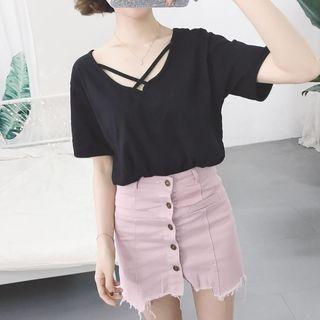 Plain Cutout Loose-fit Short-sleeve T-shirt