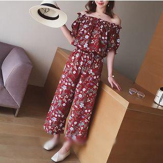 Floral Print Off Shoulder Short Sleeve Jumpsuit