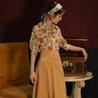 Set:short-sleeve Floral Chiffon Blouse + Plain High-waist Skirt