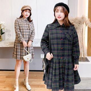 Long-sleeve Check Pleated Shirtdress
