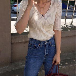 Short-sleeve V-neck Rib Knit Top Milky White - One Size
