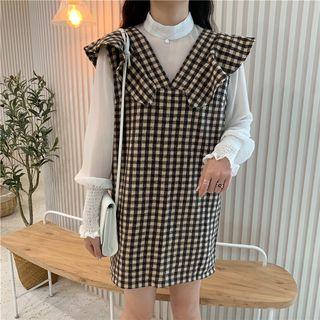 Set: Lantern-sleeve Chiffon Blouse + Checked Midi Jumper Skirt