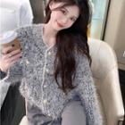 Faux-pearl V-neck Cardigan Gray - One Size