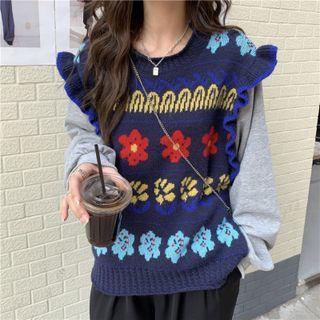 Mock Two-piece Floral Print Ruffled Sweater