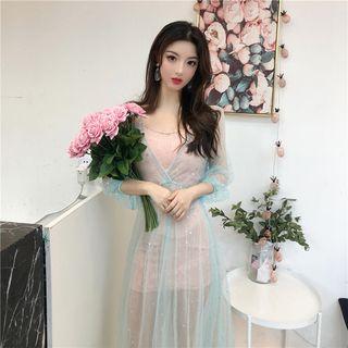 Set: 3/4-sleeve Sequined Midi A-line Mesh Dress + Lace Slipdress
