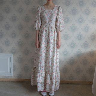 3/4-sleeve Floral A-line Maxi Dress White - One Size