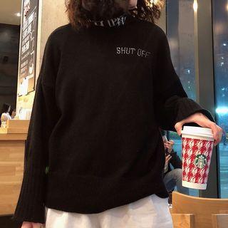 Mock-turtleneck Letter Embroidered Sweater Black - One Size