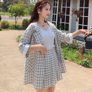 Set: Elbow Sleeve Plaid One Button Notch Lapel Blazer + Mini A-line Skirt