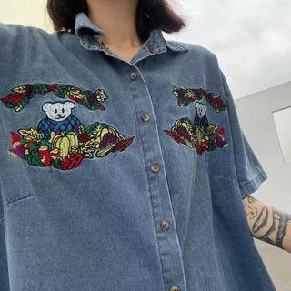 Short-sleeve Bear Embroidered Denim Shirt