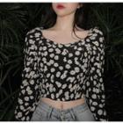 Long-sleeve Floral Print Crop Top Daisy - Black - One Size