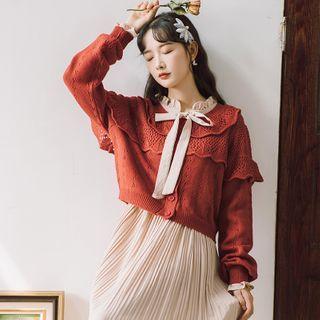 Pointelle Knit Cardigan / Bow Detail Long-sleeve Midi Shift Dress / Set