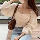 Set : Long-sleeve Cropped Plain Cardigan + Plain Camisole