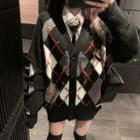 Shirt With Neck Tie / Argyle Print Ripped Cardigan
