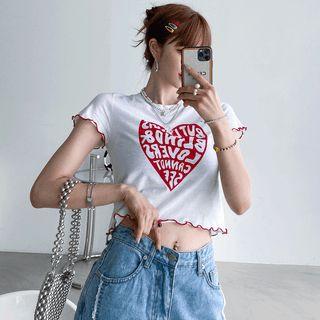 Lettuce-edge Heart Print Crop T-shirt