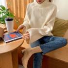 Mock-turtleneck Bell-sleeve Ribbed Sweater