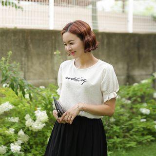 Puff-sleeve Letter Embroidery Blouse