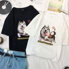 Elbow-sleeve Cartoon Dog Printed T-shirt