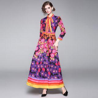 Long-sleeve Tie-neck Print Maxi Dress