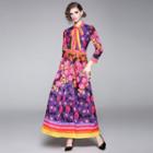 Long-sleeve Tie-neck Print Maxi Dress