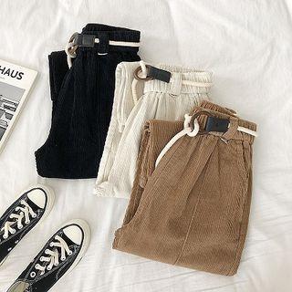 Plain High-waist Corduroy Cropped Pants With Belt