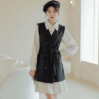Set: Long-sleeve Ruffle Hem Shirtdress + Double-breasted Vest