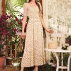 Floral Print Mesh Panel Short-sleeve Maxi A-line Dress