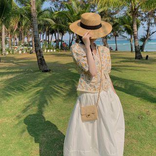 Set: Short-sleeve Floral Print Top + Midi A-line Skirt