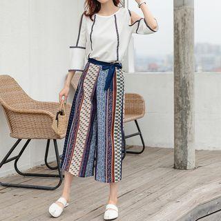 Set: Cold-shoulder Short-sleeve Top + Patterned Wide Leg Pants