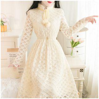Long-sleeve Furry Bobble Midi A-line Lace Dress