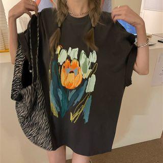 Elbow-sleeve Printed T-shirt Dark Gray - One Size