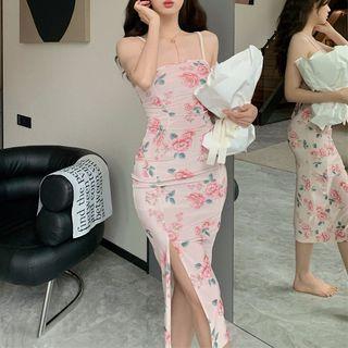 Spaghetti Strap Rose Print Midi Bodycon Dress