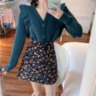 V-neck Knit Cardigan / Floral A-line Skirt
