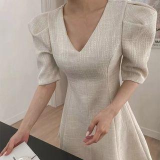 Puff-sleeve V-neck Mini A-line Dress Ivory White - One Size