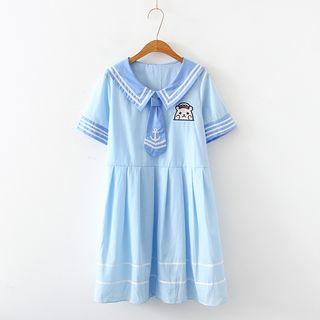Embroidered Short-sleeve Sailor Collar Dress Blue - One Size