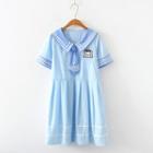 Embroidered Short-sleeve Sailor Collar Dress Blue - One Size