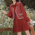 Set: Puff-sleeve Tie-neck A-line Dress + Tweed Vest