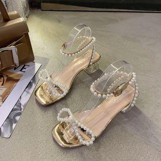 Faux Pearl Bow Ankle Strap Chunky Heel Sandals