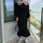 Set; Lace-collar Blouse + Mermaid Skirt Black - One Size