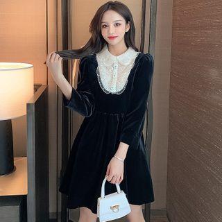 Long-sleeve Velvet Panel Embroidered Dress