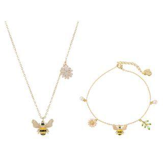 Set: Rhinestone Bee Pendant Necklace + Bracelet Set - Yellow & Black Bee - Gold - One Size