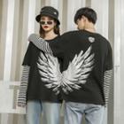 Couple Matching Mock Two-piece Long-sleeve Wing Print T-shirt