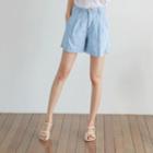 Band-waist Linen Blend Denim Shorts