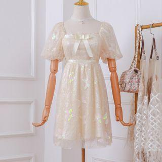 Sequined Short-sleeve Bow Mini A-line Dress