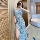 Short-sleeve V-neck Floral Printed Slit Midi Skirt