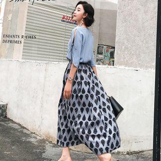 Set: Short-sleeve Shirt + Patterned Midi A-line Dress