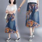 Denim Floral Midi A-line Skirt