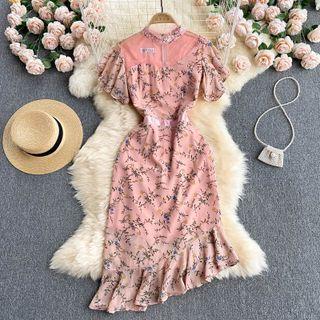 Mesh Panel Asymmetrical Ruffle Floral Chiffon Dress