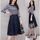 Set: Striped 3/4-sleeve Knit Top + Lace A-line Midi Skirt