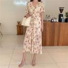 Drawcord Floral Chiffon Maxi Dress Beige - One Size