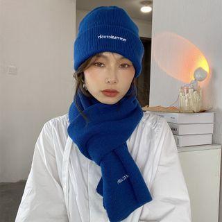 Set: Lettering Embroidered Knit Beanie + Scarf